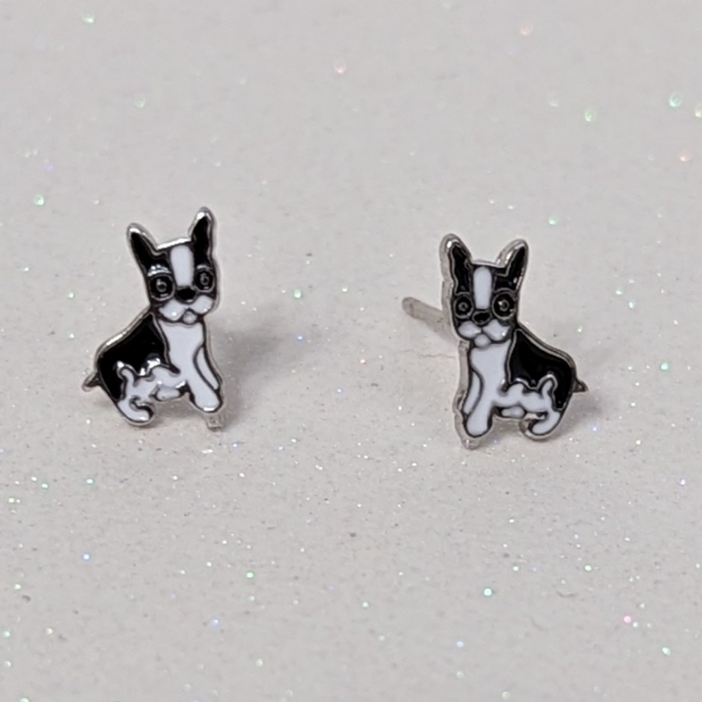 Boston Terrier 925 Sterling Silver White and Black Stud Earrings Dog